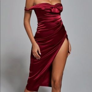Burgundy off-the-shoulder midi dress